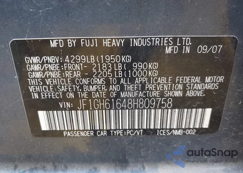 2008 Subaru Impreza 2.5I из США, поврежденный, VIN JF1GH61648H809758